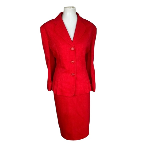 LE SUIT Women 2PC Red Polyester Lined Notch Collar Skirt Suit - Size 6 ( Small ) - Picture 1 of 11